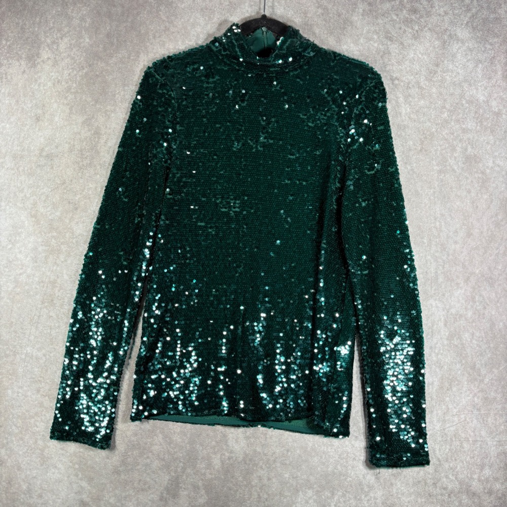 Zara Top Womens XS Green Sequin Mock Neck Long Sleeve Holiday Party Glam Chic
